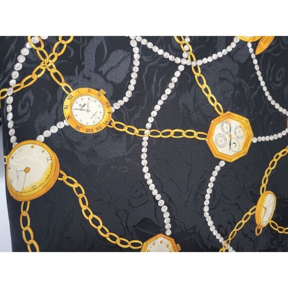 Vintage MAGGY LONDON Silk Blouse Gold Chain Pocket Watch Print - Picture 6 of 11